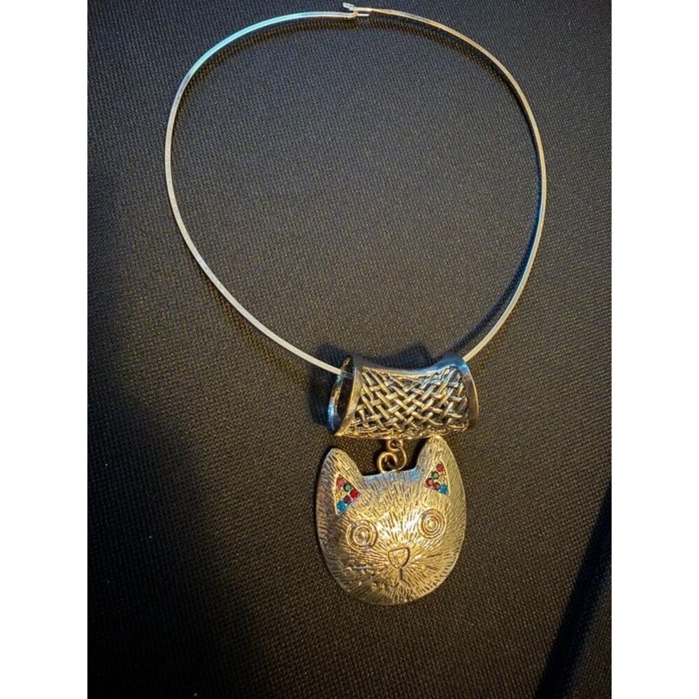 Vintage 90s Cat Face Pendant Choker Necklace - Silver Wire Choker with Rhineston